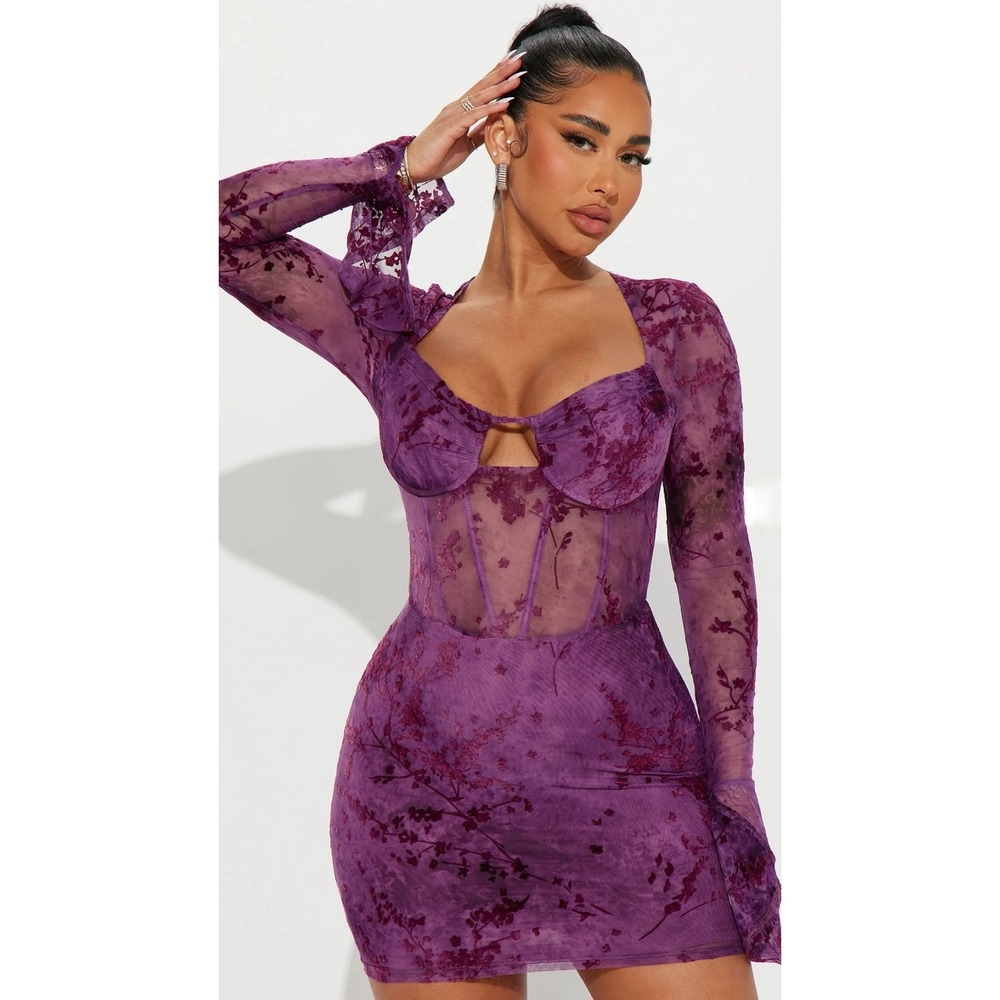 Fashion Nova Riley Corset Mini Dress Womens M Plum Floral Velvet Burnout Bodycon